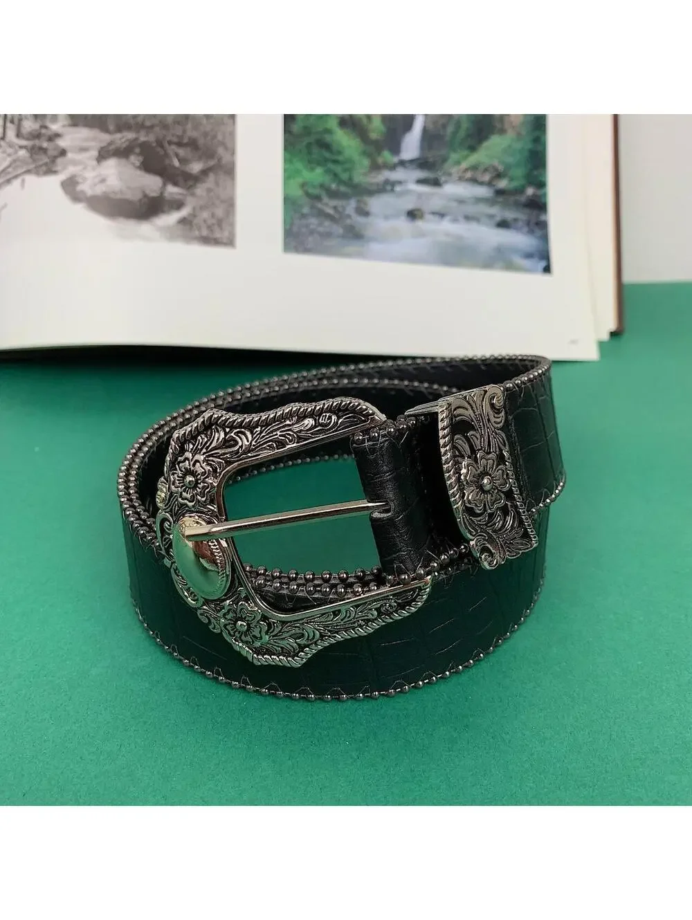 Y2k 2000s style black western silver boho belt. 38.5 inches length. Unisex